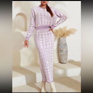 Houndstooth Pattern Drop Shoulder Sweater & Knit Skirt